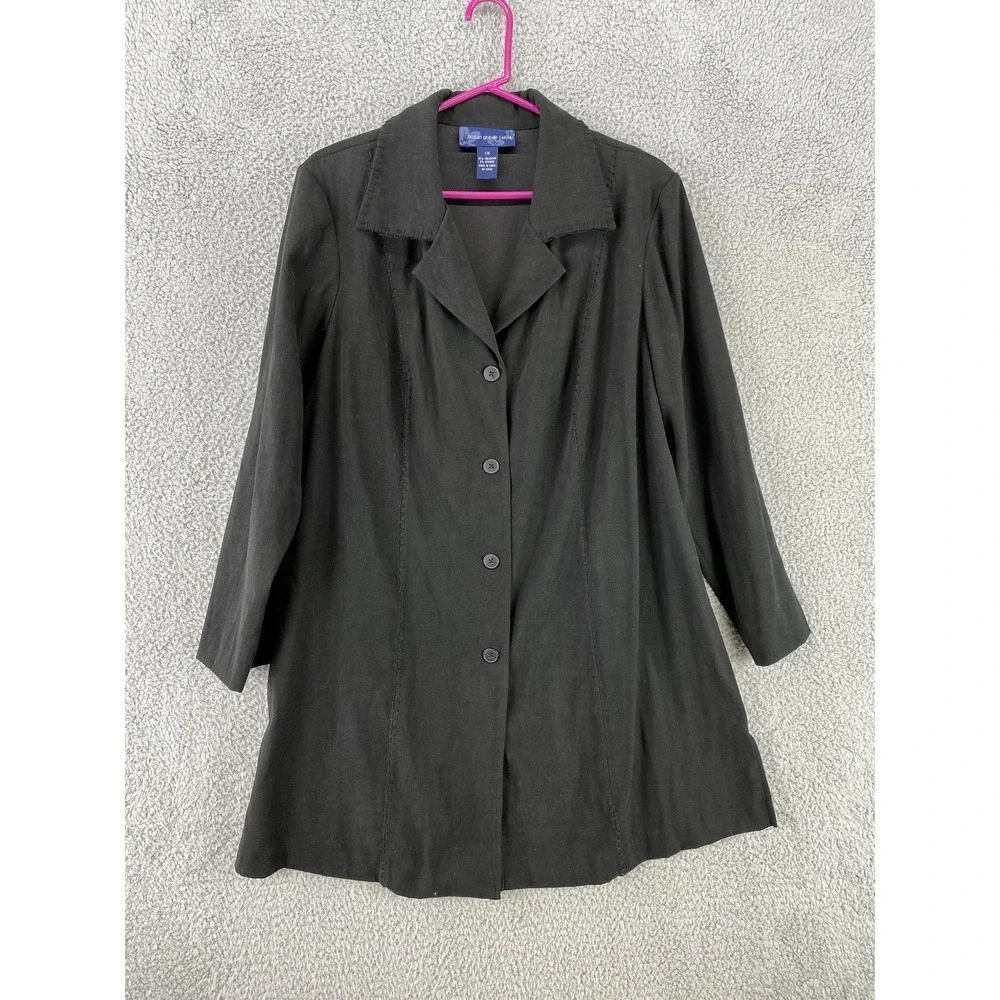 Susan‎ Graver Jacket Womens 1X Black Long Button Front Coat Lightweight Stretchy